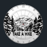 Take a Hike quote monochrome mountain landscape Dart Board<br><div class="desc">Monochrome illustration with view to mountains and snowy winter wood drawing in woodcut style</div>