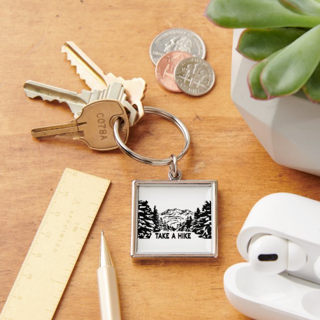 Take a Hike quote monochrome mountain landscape Keychain (Desk)