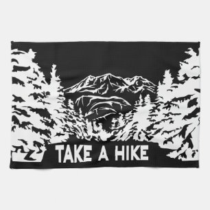 Take a Hike quote monochrome mountain landscape Kitchen Towel