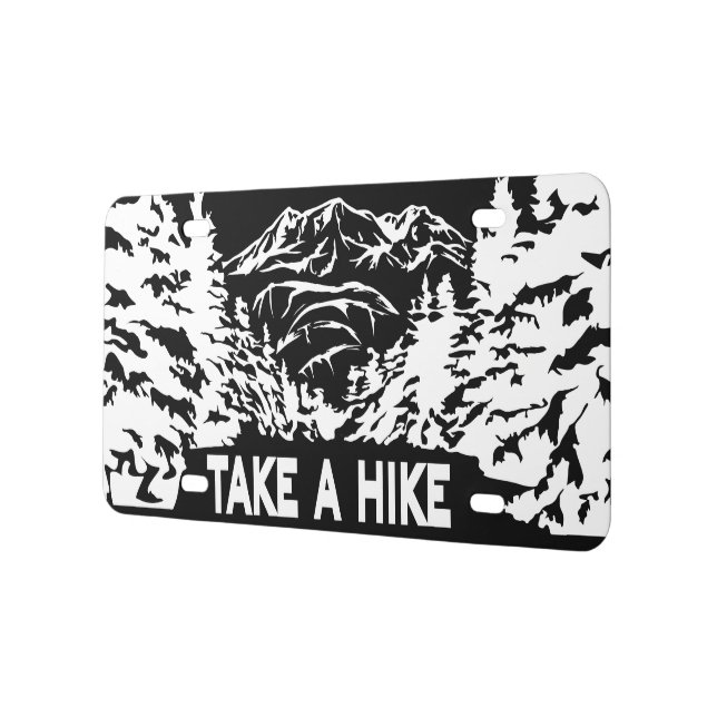 Take a Hike quote monochrome mountain landscape License Plate (Left)