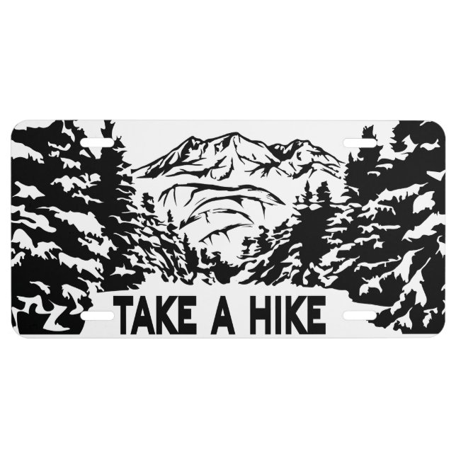 Take a Hike quote monochrome mountain landscape License Plate (Front)