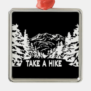 Take a Hike quote monochrome mountain landscape Metal Ornament