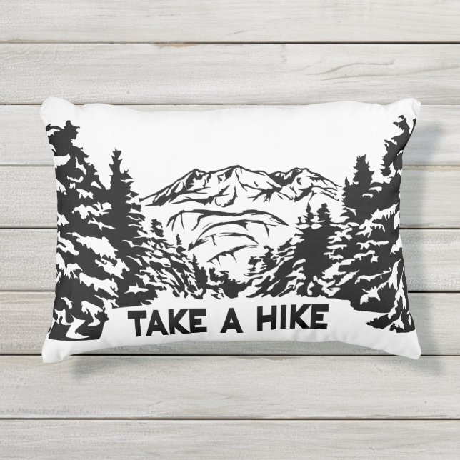 Take a Hike quote monochrome mountain landscape Outdoor Pillow (Front)