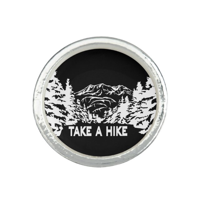 Take a Hike quote monochrome mountain landscape Ring (Front)