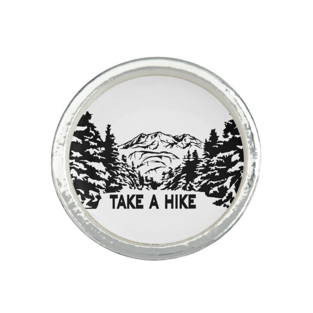 Take a Hike quote monochrome mountain landscape Ring (Front)