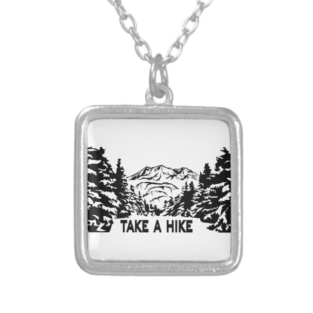 Take a Hike quote monochrome mountain landscape Silver Plated Necklace (Front)