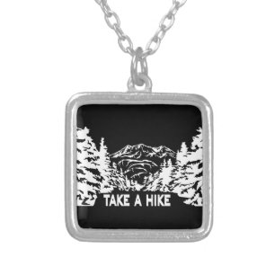 Take a Hike quote monochrome mountain landscape Silver Plated Necklace