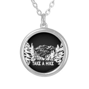 Take a Hike quote monochrome mountain landscape Silver Plated Necklace
