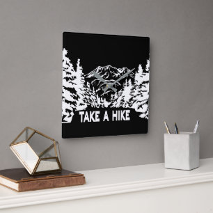 Take a Hike quote monochrome mountain landscape Square Wall Clock