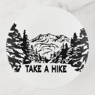 Take a Hike quote monochrome mountain landscape Trinket Tray