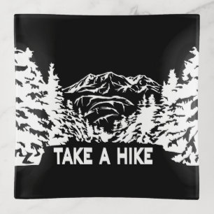 Take a Hike quote monochrome mountain landscape Trinket Tray