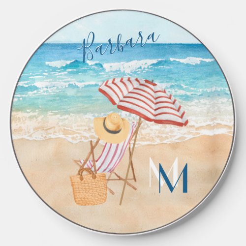 Take a Moment to Relax Beach Ocean Monogram Name Wireless Charger