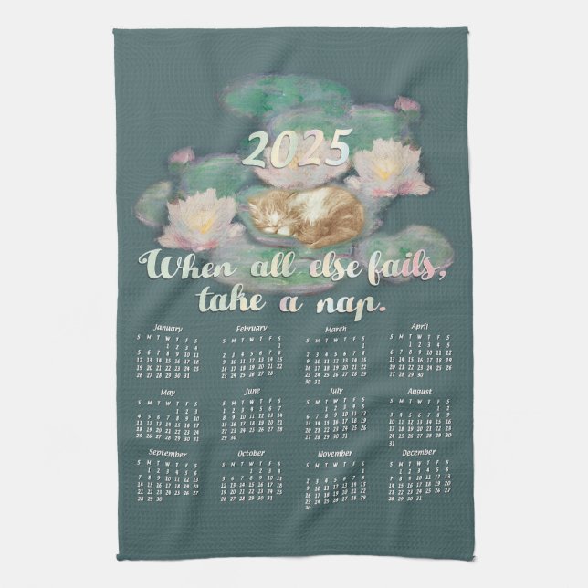 Take a Nap Kitten on Lily Pad Monet 2025 Calendar Kitchen Towel (Vertical)