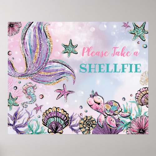 Take a Shellfie _ Pink Purple Mermaid Party Selfie Poster