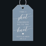 Take a Shot, Tomorrow We Tie the Knot Wedding Gift Tags<br><div class="desc">Get the party started with these cute favor tags designed to attach to shot glasses or mini liquor bottles. Design features "take a shot, tomorrow we tie the knot" in white classic serif and calligraphy script lettering on a dusty blue background with a small heart. Personalize with your names and...</div>