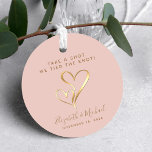 Take A Shot We Tied The Knot Blush Gold Wedding Favor Tags<br><div class="desc">A fun blush pink gift tag for shot glass,  liquor or espresso wedding favors with "Take a Shot,  We Tied the Knot" in simple gold typography (you can personalize to different text),  two gold hearts joined together in the middle and your first names and wedding date.</div>