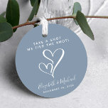 Take A Shot We Tied The Knot Dusty Blue Wedding Favor Tags<br><div class="desc">A fun dusty blue gift tag for shot glass,  liquor or espresso wedding favors. This custom design features "Take a Shot,  We Tied the Knot" in simple white typography (you can personalize to different text),  two hearts together in the middle and your first names and wedding date.</div>