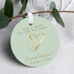 Take A Shot We Tied The Knot Sage Gold Wedding Favor Tags<br><div class="desc">A fun sage green gift tag for shot glass,  liquor or espresso wedding favors featuring "Take a Shot,  We Tied the Knot" in simple gold typography (you can personalize to different text),  two gold hearts together in the middle and your first names and wedding date.</div>