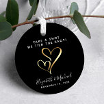 Take A Shot We Tied The Knot Wedding Black Favor Tags<br><div class="desc">A fun gift tag for shot glass,  liquor or espresso wedding favors. This custom black and white design features "Take a Shot,  We Tied the Knot" in simple typography (you can personalize to different text),  two gold hearts together in the middle and your first names and wedding date.</div>