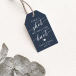 Take a Shot, We Tied the Knot Wedding Favor Gift Tags<br><div class="desc">Get the party started with these cute favor tags designed to attach to shot glasses or mini liquor bottles. Design features "take a shot, we tied the knot" in white classic serif and calligraphy script lettering on a navy blue background with a small heart. Personalize with your names and wedding...</div>