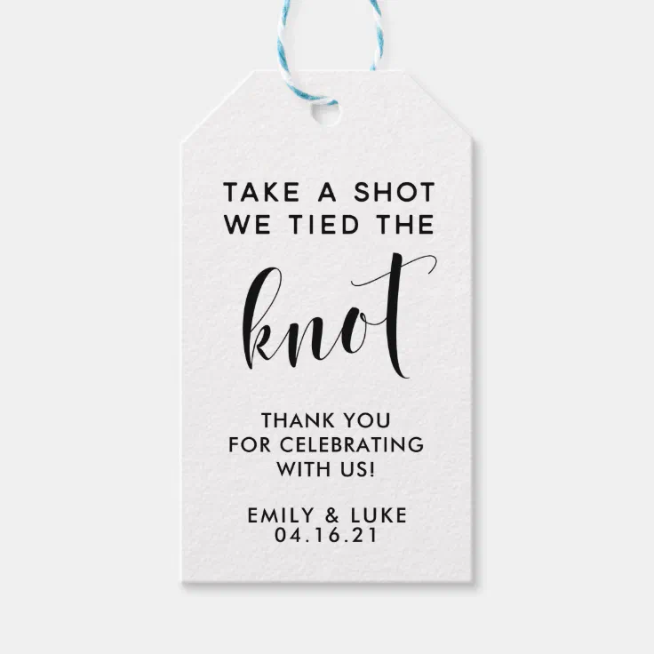 Personalised Take a Shot Tied the Knot wedding favour gift tags 