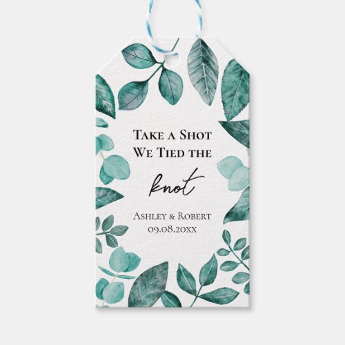 Take a Shot We Tied the Knot Wedding Teal Greenery Gift Tags