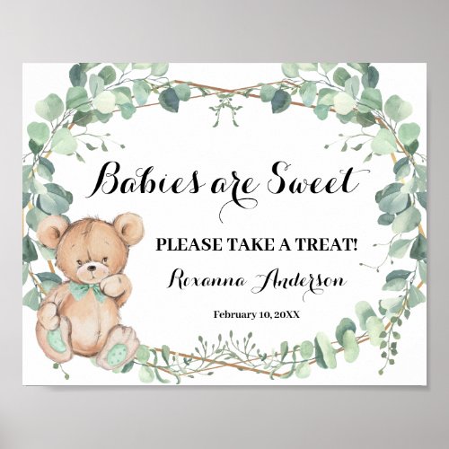 Take a Treat Baby Shower Bear Greenery Gold Sign