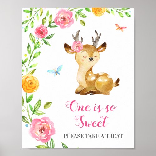 Take a Treat Oh Deer Pink Baby Girl 1st Birthday Poster