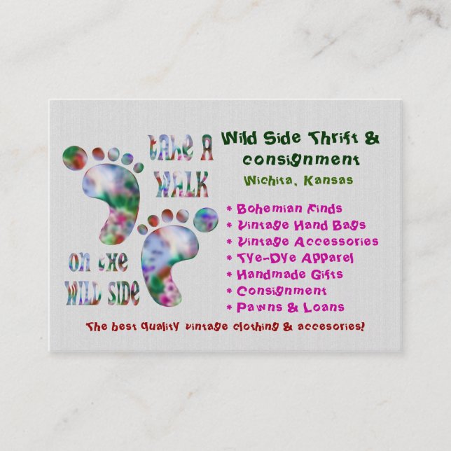 Take a Walk on the Wild Side THRIFT CONSIGNMENT Business Card (Front)