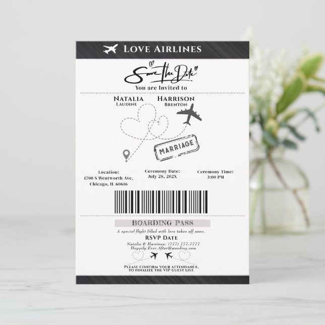 Take Flight with Love: Boarding Pass Save the Date Invitation (Standing Front)