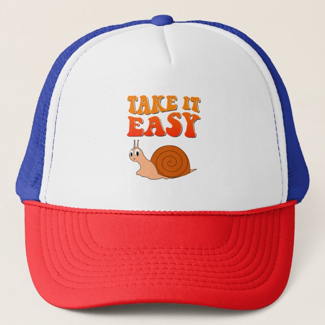 Take It Easy Cute Cartoon Snail Groovy Text Trucker Hat (Front)