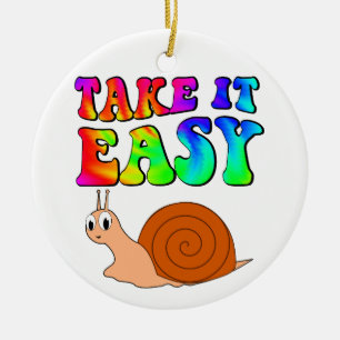 Take It Easy Cute Cartoon Snail With Groovy Text Ceramic Ornament