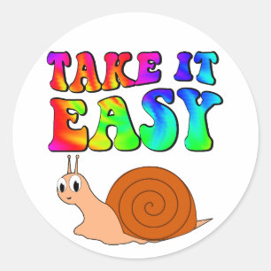 Take It Easy Cute Cartoon Snail With Groovy Text Classic Round Sticker
