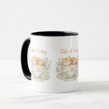 Take It Easy Cute Cat in Floral Teacup Watercolor