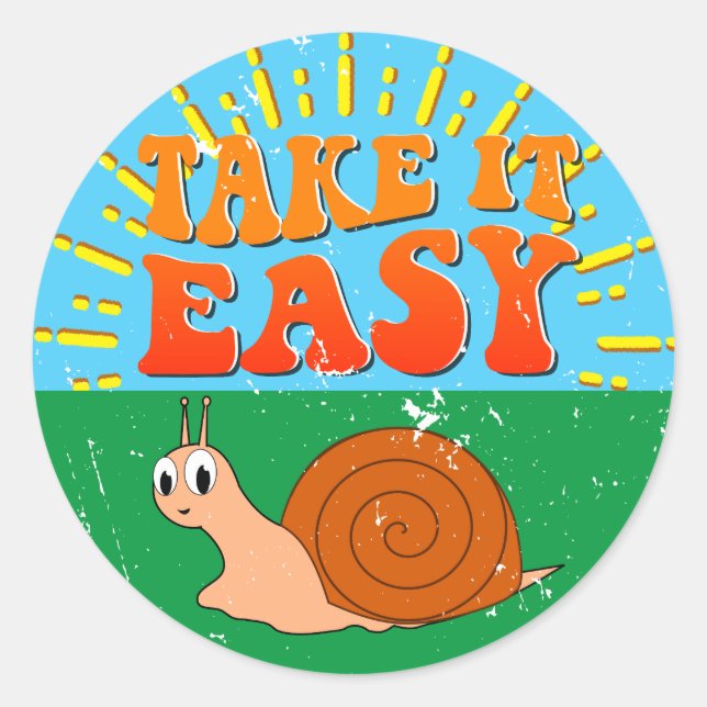 Take It Easy Cute Snail Sunburst Distressed Classic Round Sticker (Front)