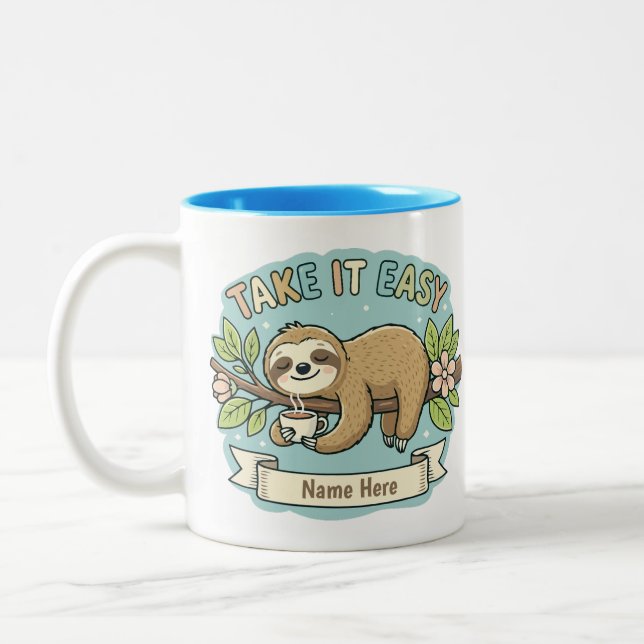 Take It Easy Sloth Custom Name  Two-Tone Coffee Mug (Left)