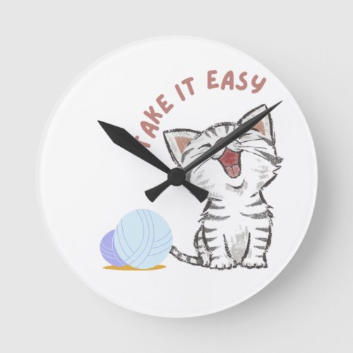 Take it easy water colour ball cat round clock