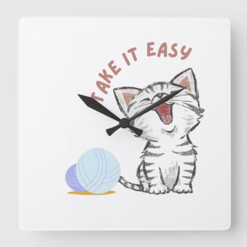 Take it easy water colour ball cat square wall clock