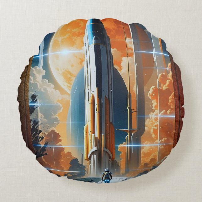Take Lunar Launch - Journey To Moon Retro Poster Round Pillow (Front)