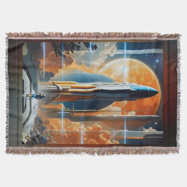 Take Lunar Launch - Journey To Moon Retro Poster Throw Blanket (Front)