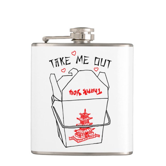Take Me Out Chinese Takeout Box Hearts Flask (Front)