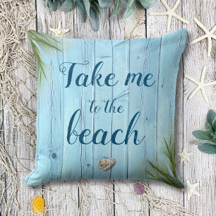Take Me to Beach Light Blue Coastal Rustic Wood Throw Pillow