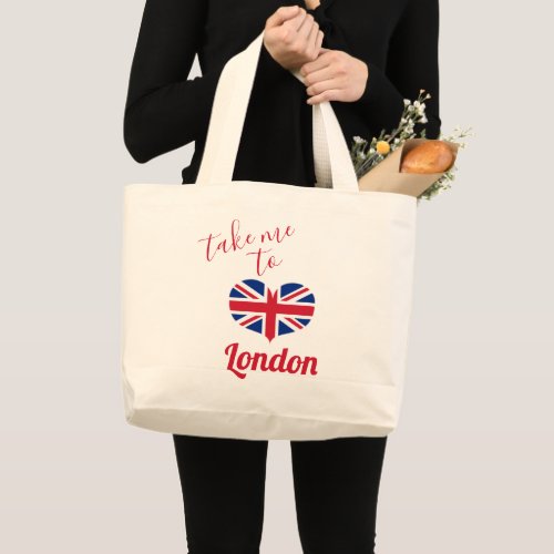 Take me to London  Heart Shaped UK Flag Union Jack Large Tote Bag