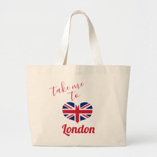 Take me to London  Heart Shaped UK Flag Union Jack Large Tote Bag