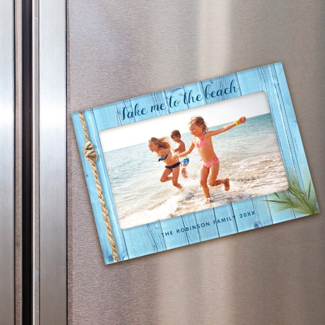 Take me to the beach light blue coastal wood name magnetic frame (Creator Uploaded)