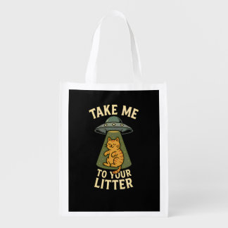 Take Me To Your Litter Funny Alien Cat Pun Grocery Bag