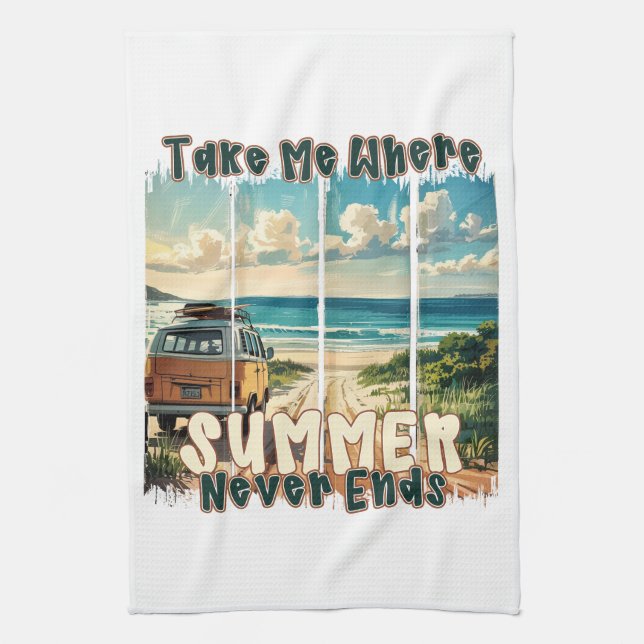 Take Me Where Summer Never Ends –Retro Beach Vibes Kitchen Towel (Vertical)