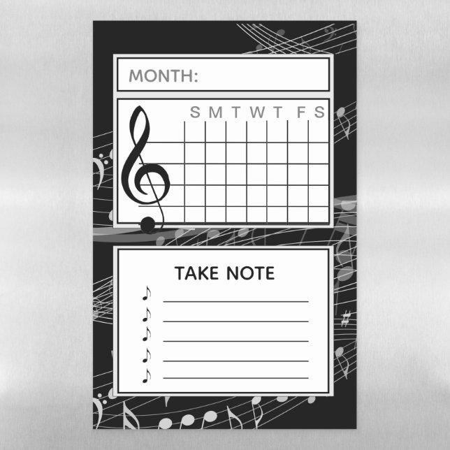 Take Note Music Notes Calendar (Black) Magnetic Dry Erase Sheet (Vertical)