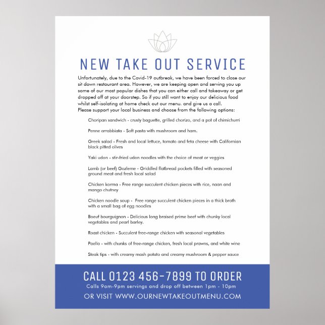 Take out emergency restaurant notice new blue menu poster (Front)