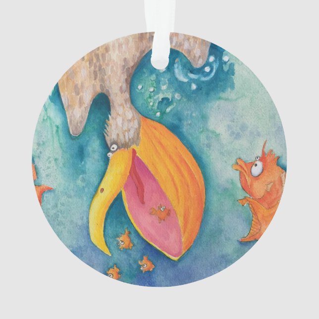 "Take the plunge!" Pelican & Fish Art Ornament (Back)
